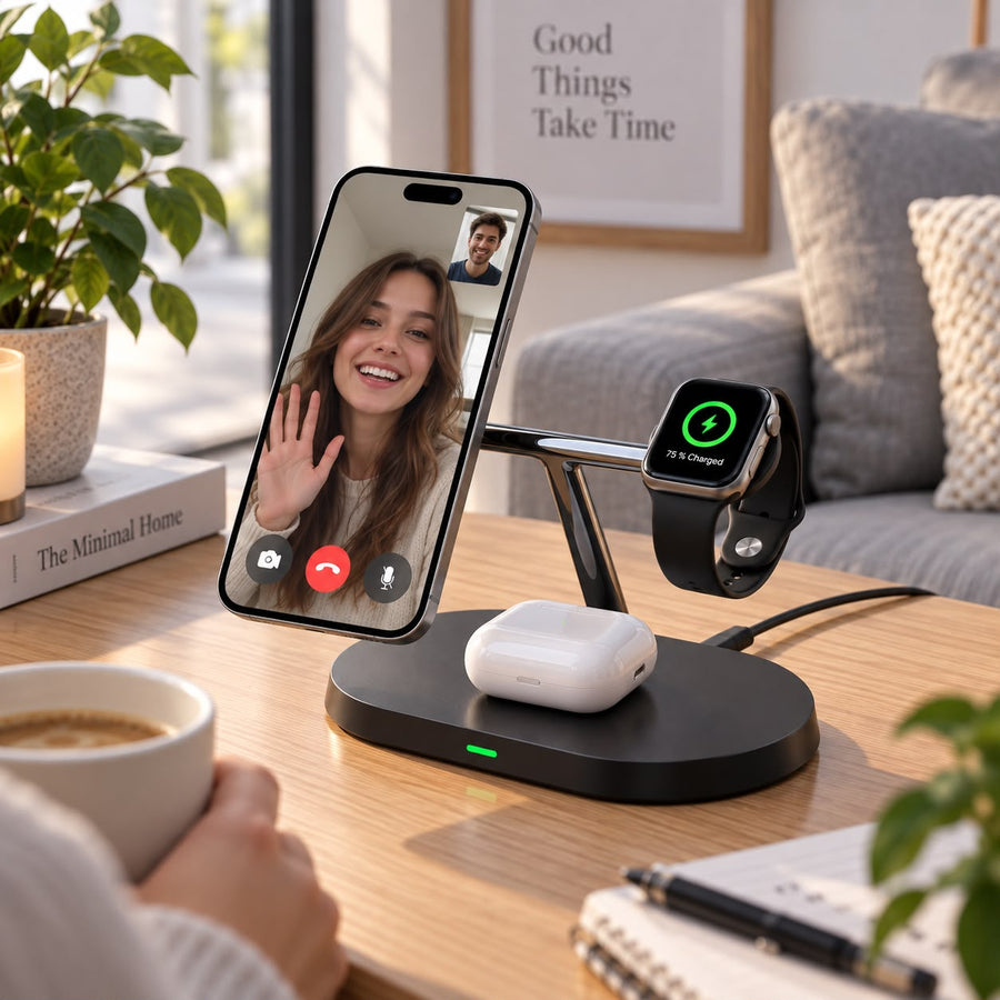 Appel vidéo sur un iPhone posé sur la station de charge 3-en-1 noire