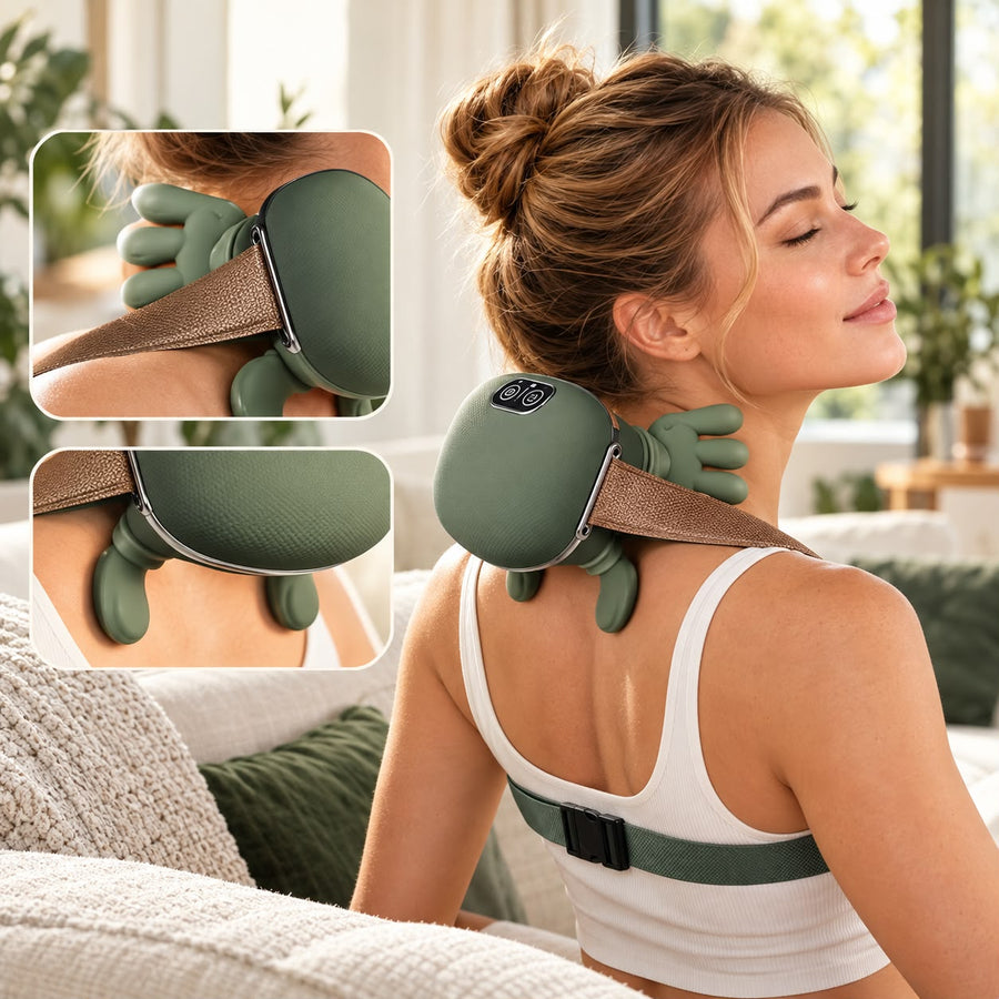 Voltyzen — masseur nuque bionique porté de dos, détail des doigts biomimétiques