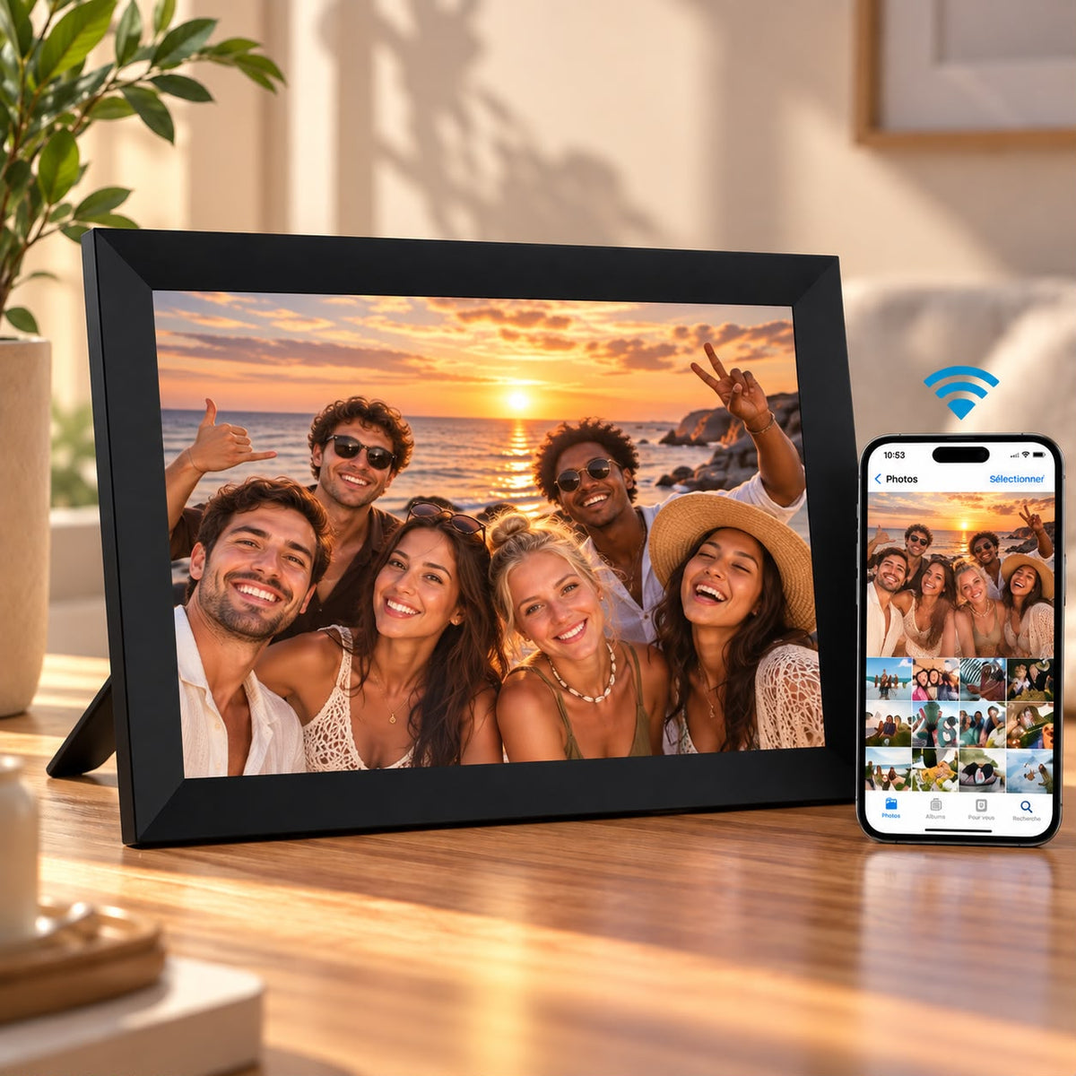 Voltyzen cadre photo connecté 10,1 pouces posé sur une table de salon à côté d'un smartphone
