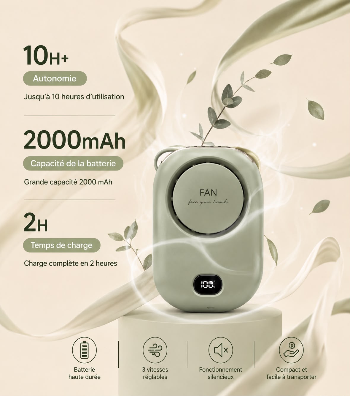 Ventilateur de Cou Portable Voltyzen – Mains Libres, Rechargeable USB