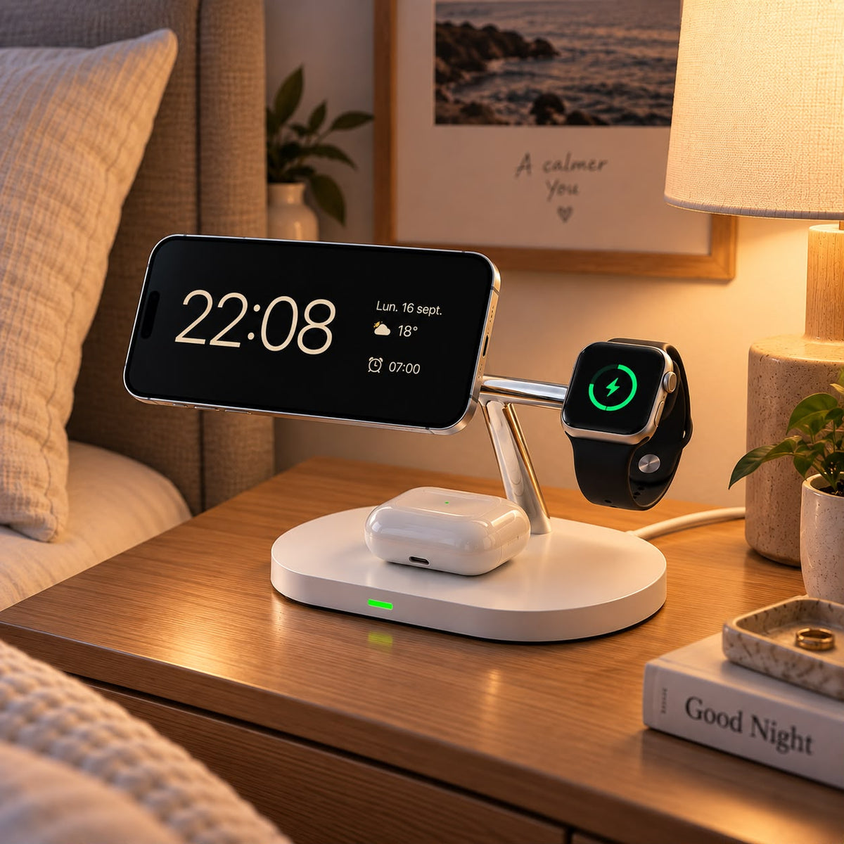 Station de charge 3-en-1 blanche sur une table de nuit, iPhone affichant l'heure en mode veille