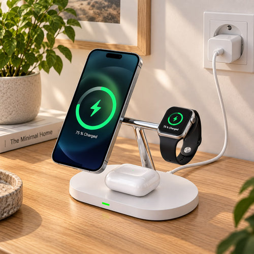 Station de charge magnétique 3-en-1 blanche sur un bureau avec iPhone, Apple Watch et AirPods en charge