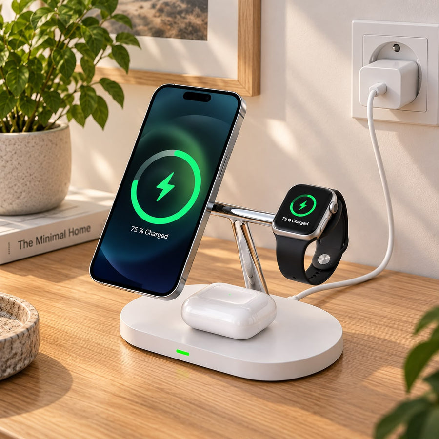 Station de charge magnétique 3-en-1 blanche sur un bureau avec iPhone, Apple Watch et AirPods en charge