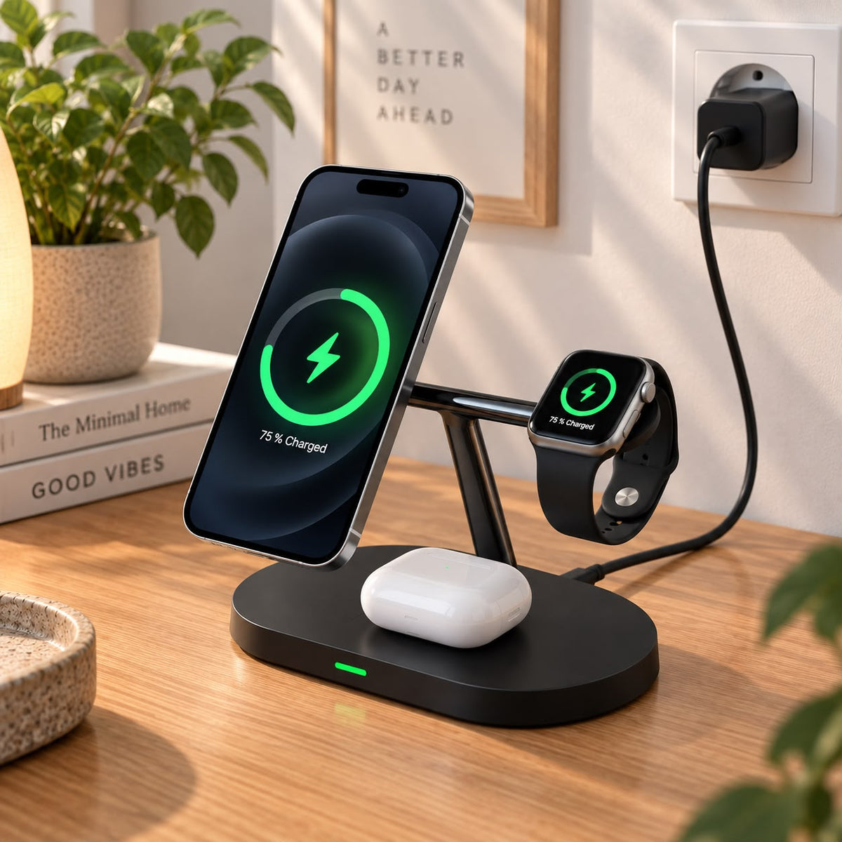 Station de charge magnétique 3-en-1 noire sur un bureau avec iPhone, Apple Watch et AirPods en charge