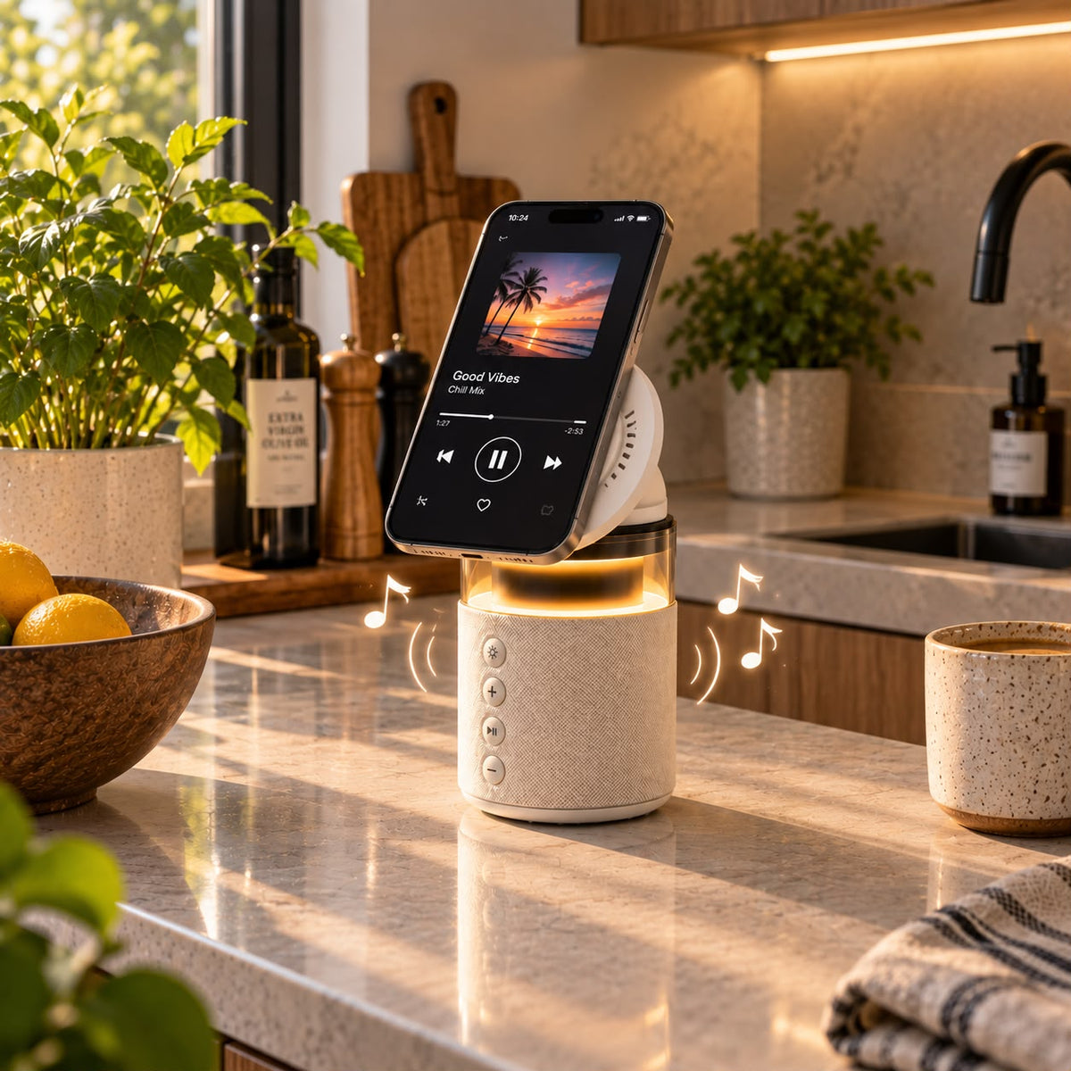 Station de charge avec enceinte dans la cuisine