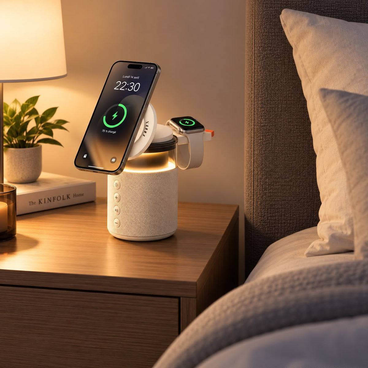 Sur la table de nuit : iPhone et Apple Watch en charge, veilleuse allumée