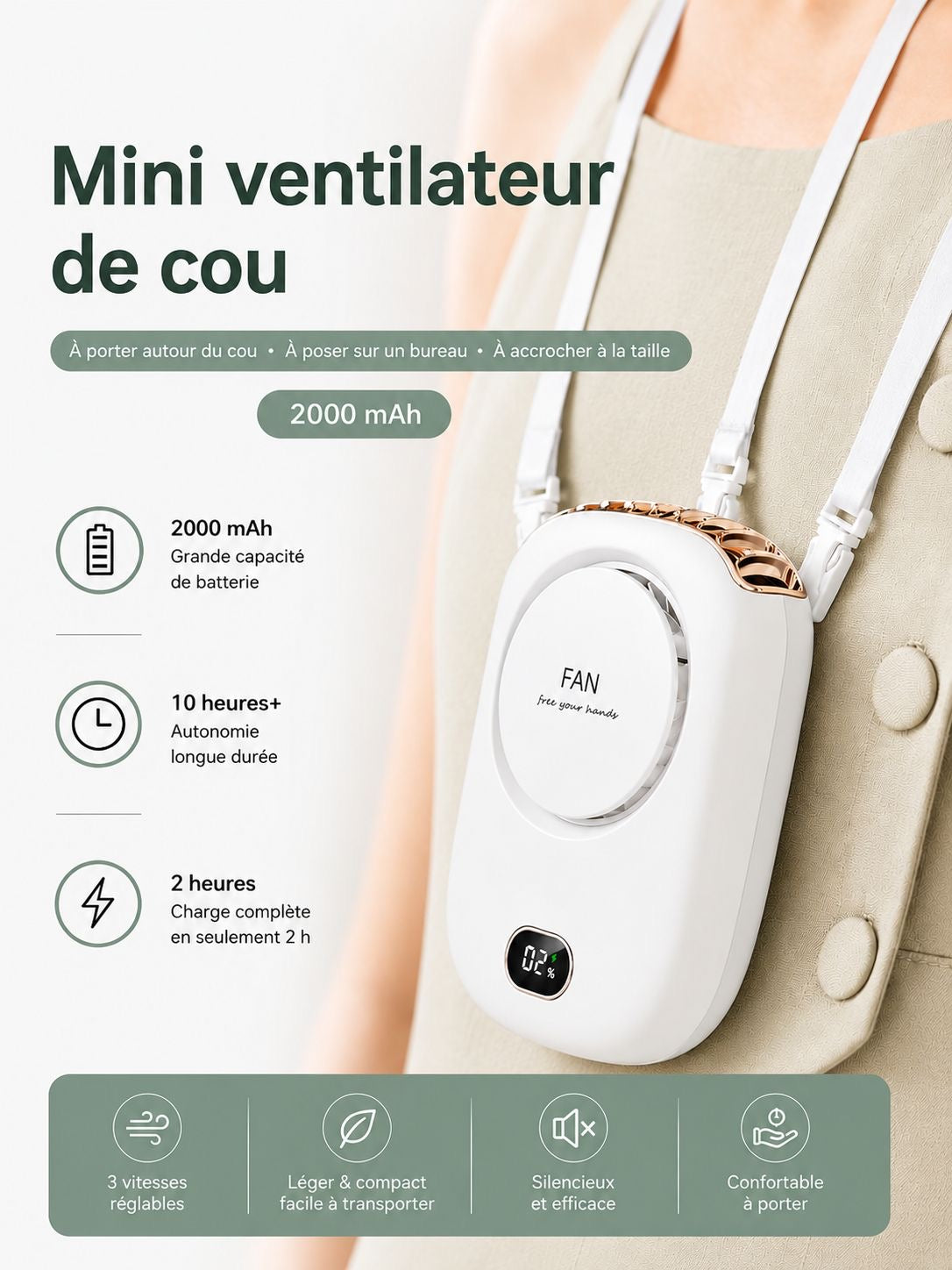 Ventilateur de Cou Portable Voltyzen – Mains Libres, Rechargeable USB