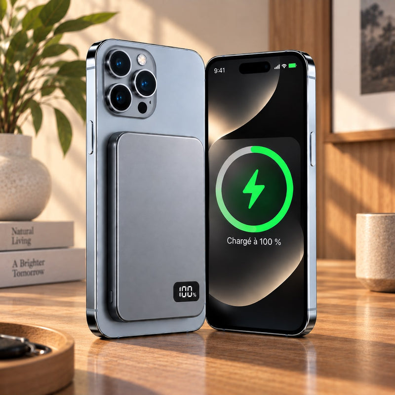Voltyzen — batterie magnétique grise fixée à un smartphone