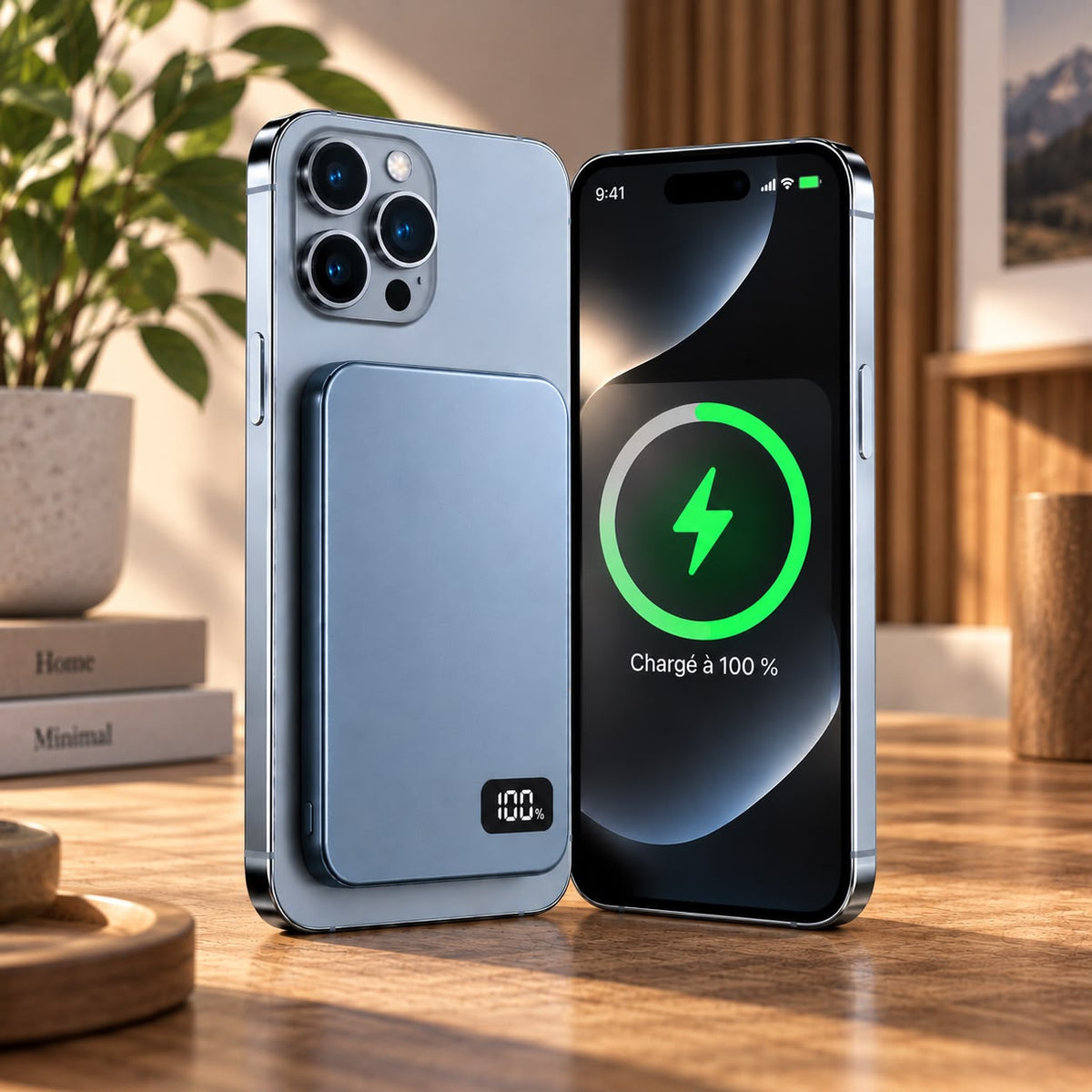 Voltyzen — batterie magnétique bleue fixée à un smartphone