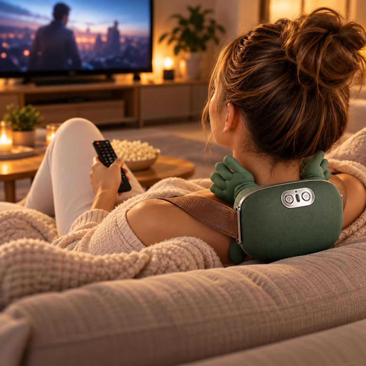 Voltyzen — masseur nuque bionique utilisé sur le canapé devant la télévision