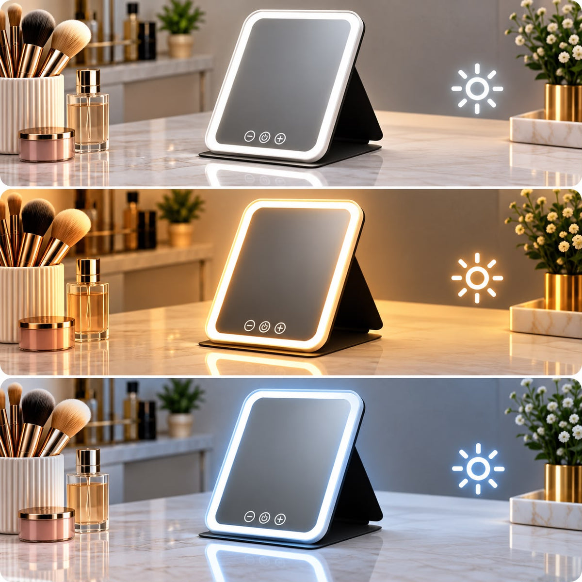 Miroir Lumineux Voltyzen — 3 couleurs de lumière, pliable et rechargeable