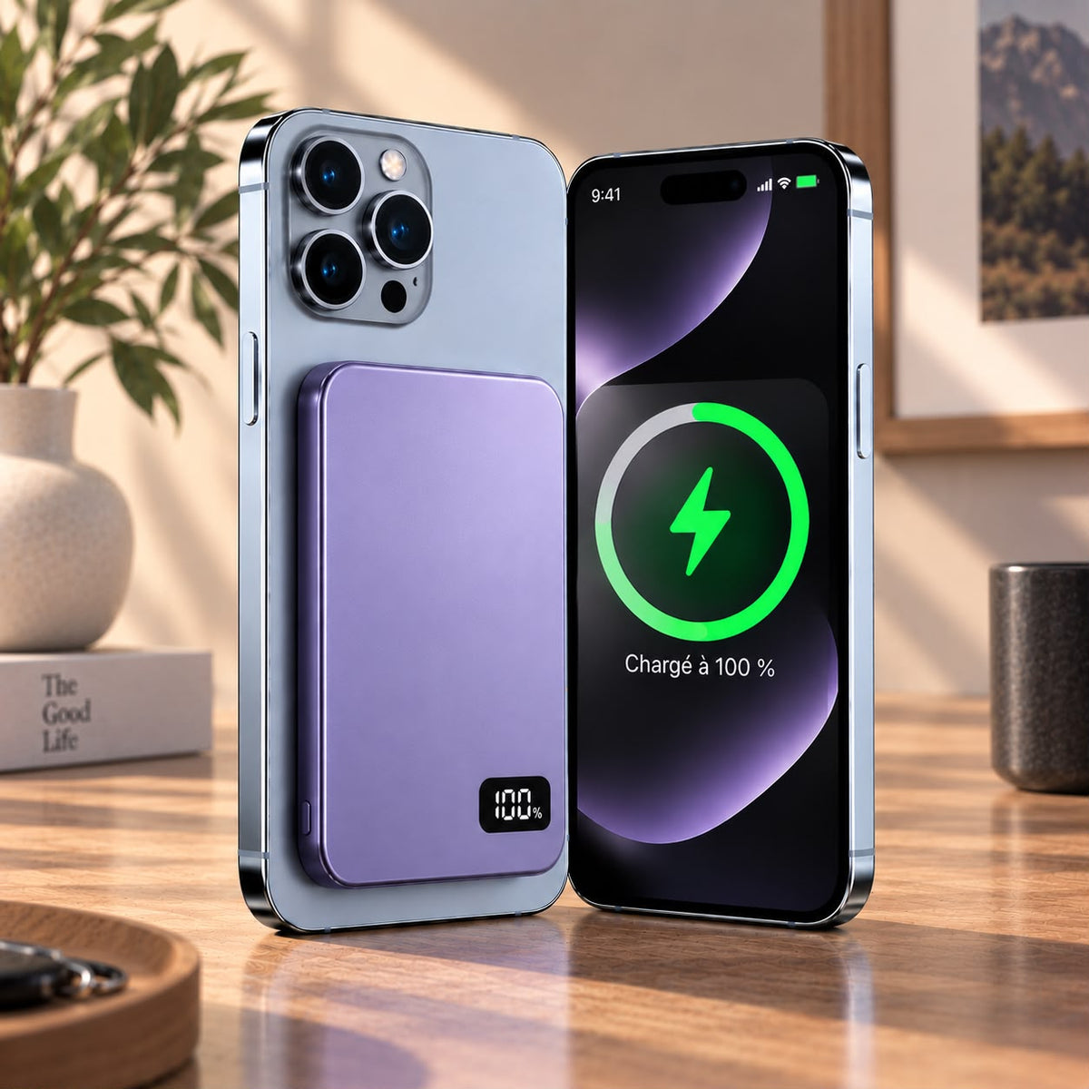 Voltyzen — batterie magnétique violette fixée à un smartphone
