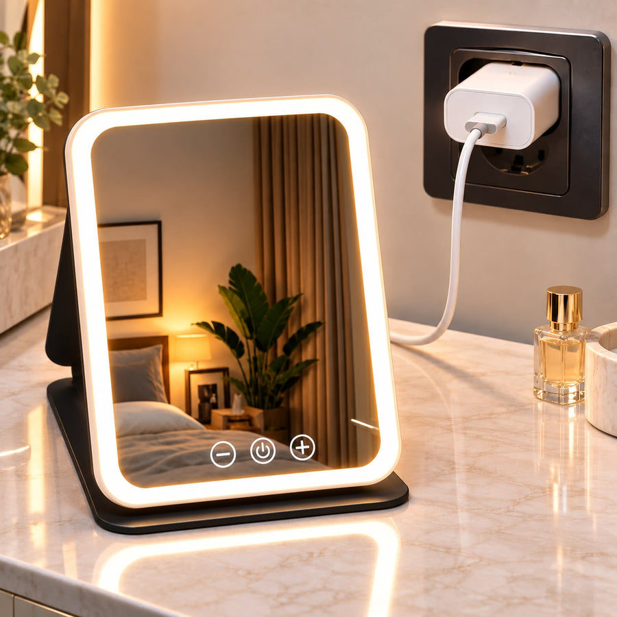 Miroir Lumineux Voltyzen — 3 couleurs de lumière, pliable et rechargeable