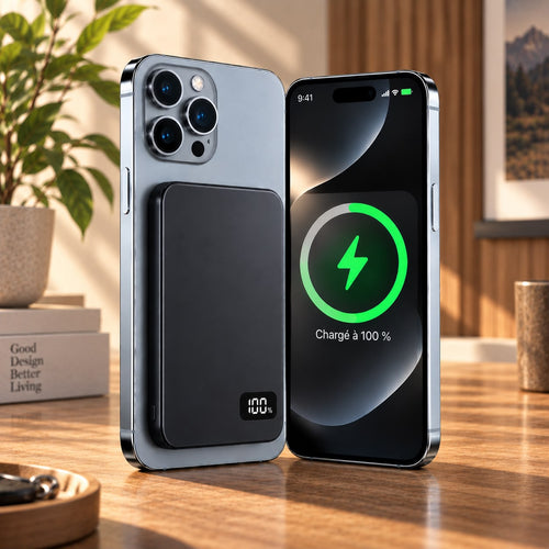 Voltyzen — batterie magnétique noire fixée à un smartphone