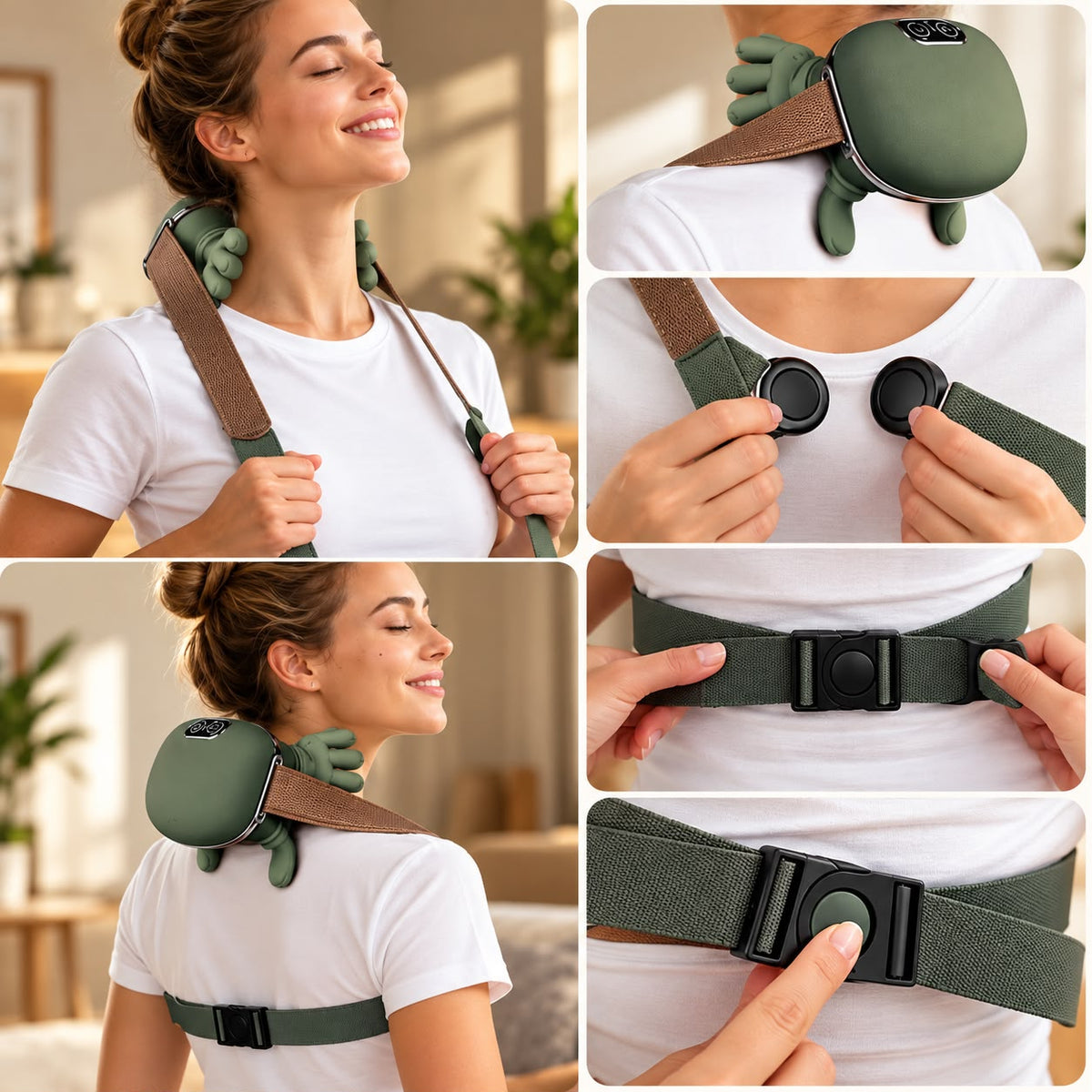 Voltyzen — masseur nuque bionique porté sur les épaules avec sa sangle réglable